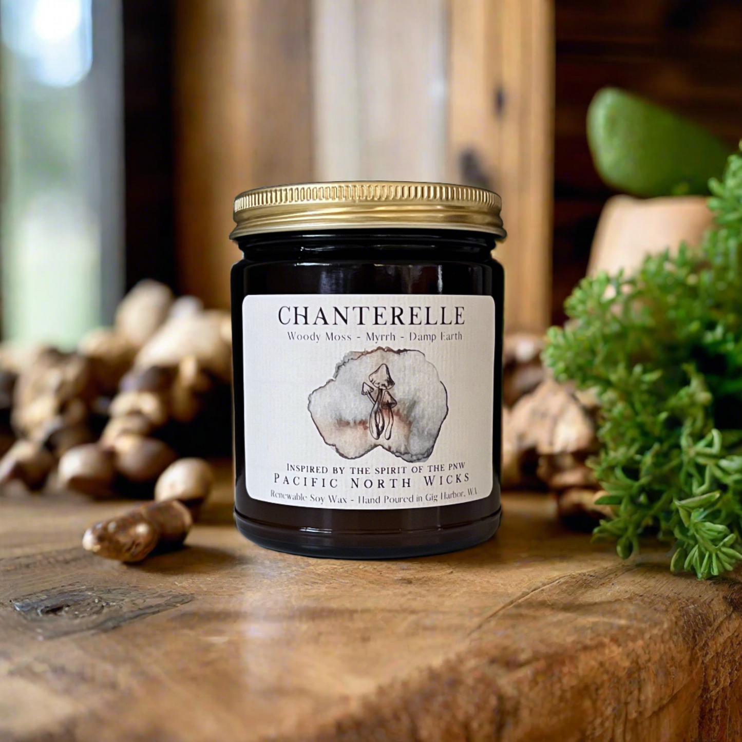 Rustic Woodsy Candle in Farmhouse setting with mushrooms in background and lots of wood accents and earthy colors.