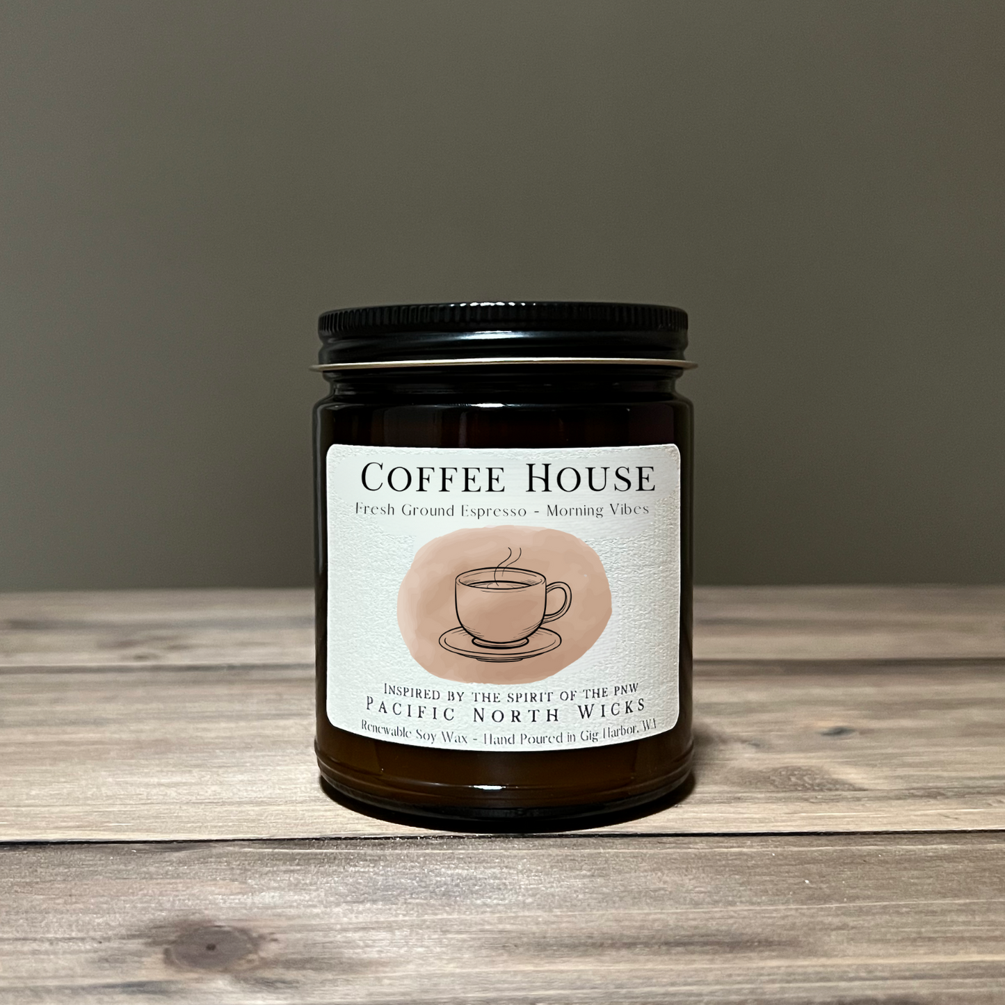 Coffee Candle inspired by the Coffee Shops in the PNW with notes of fresh ground espresso, and morning vibes.  Handmade in WA with nontoxic soy wax.