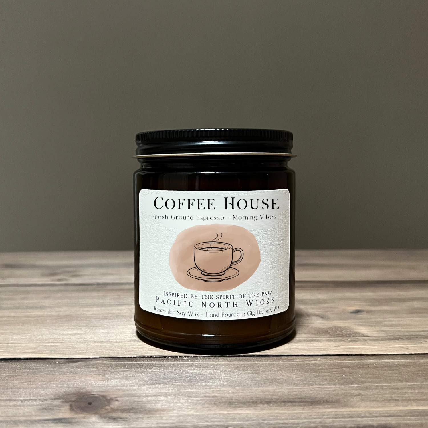 Coffee Candle inspired by the Coffee Shops in the PNW with notes of fresh ground espresso, and morning vibes.  Handmade in WA with nontoxic soy wax.