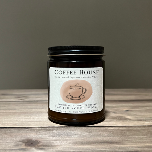 Coffee Candle inspired by the Coffee Shops in the PNW with notes of fresh ground espresso, and morning vibes.  Handmade in WA with nontoxic soy wax.