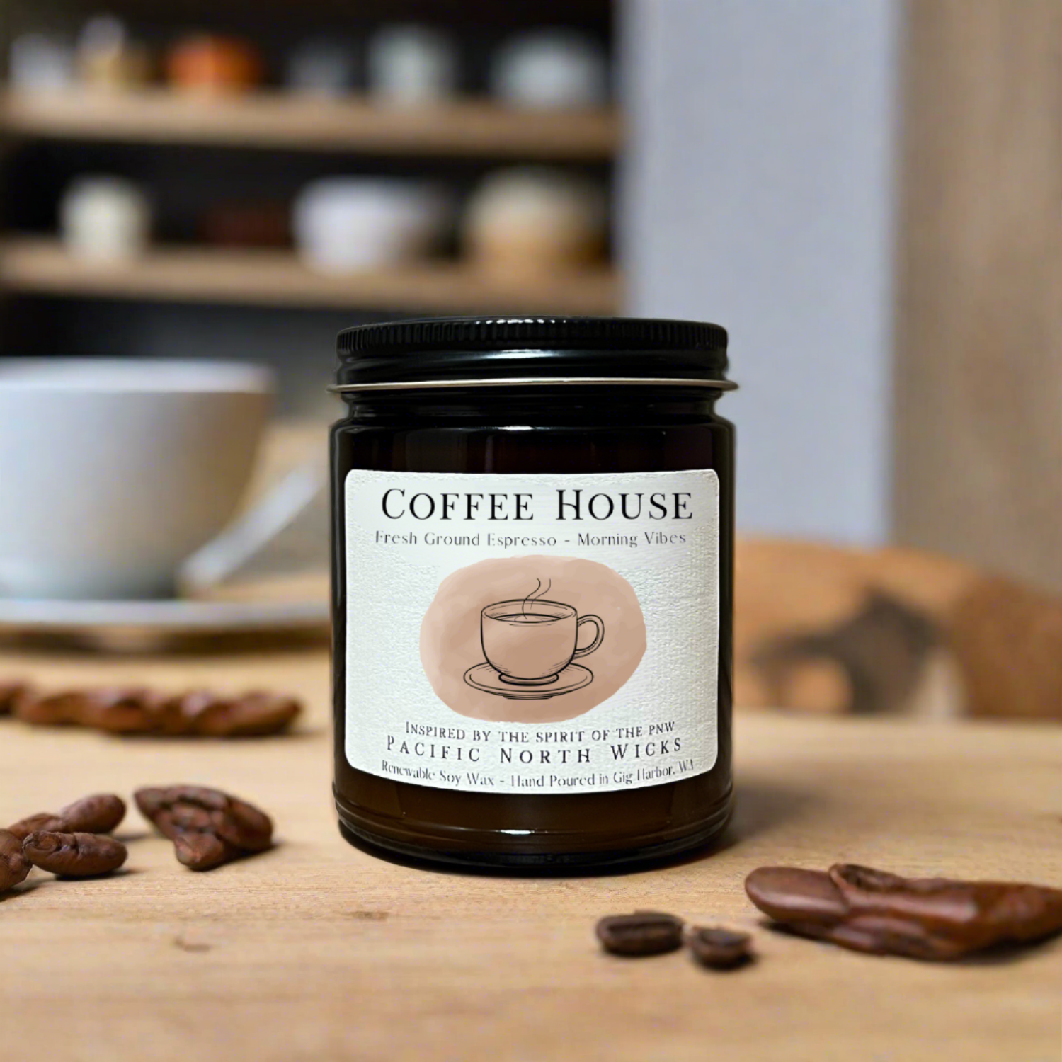 Coffee Scented Candle in artisan coffee cafe in quaint setting with steamed espresso and dark roasted coffee beans.