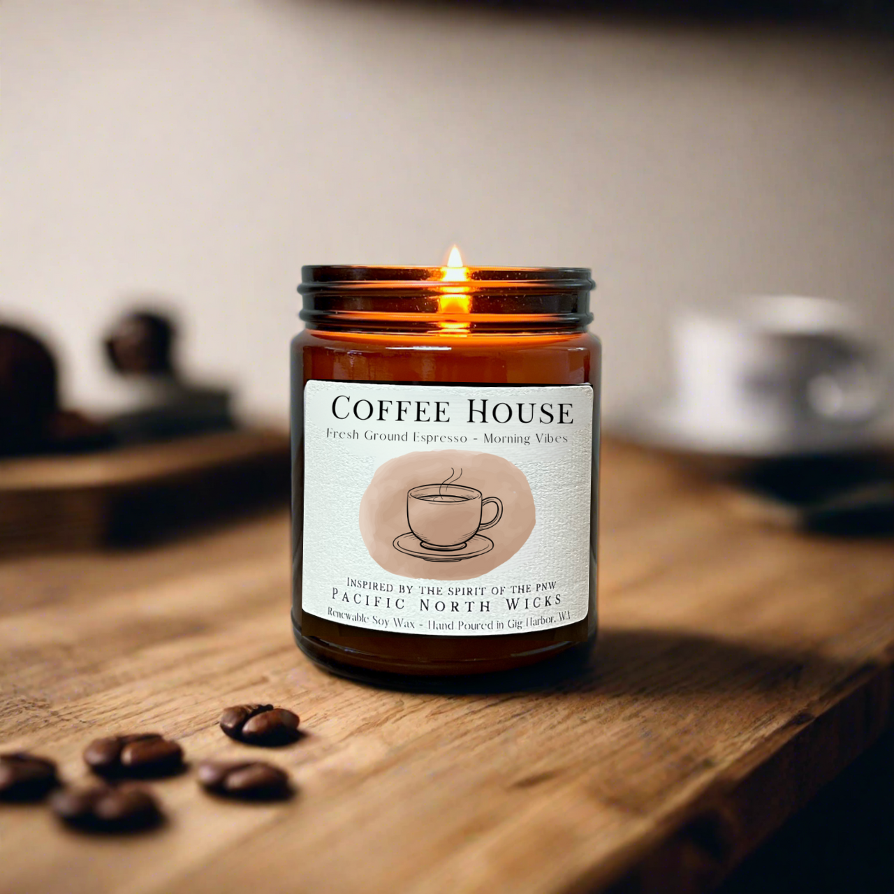 Coffee House Candle lit in warm and cozy coffee shop with coffee beans, and hot cup of coffee on wooden table.