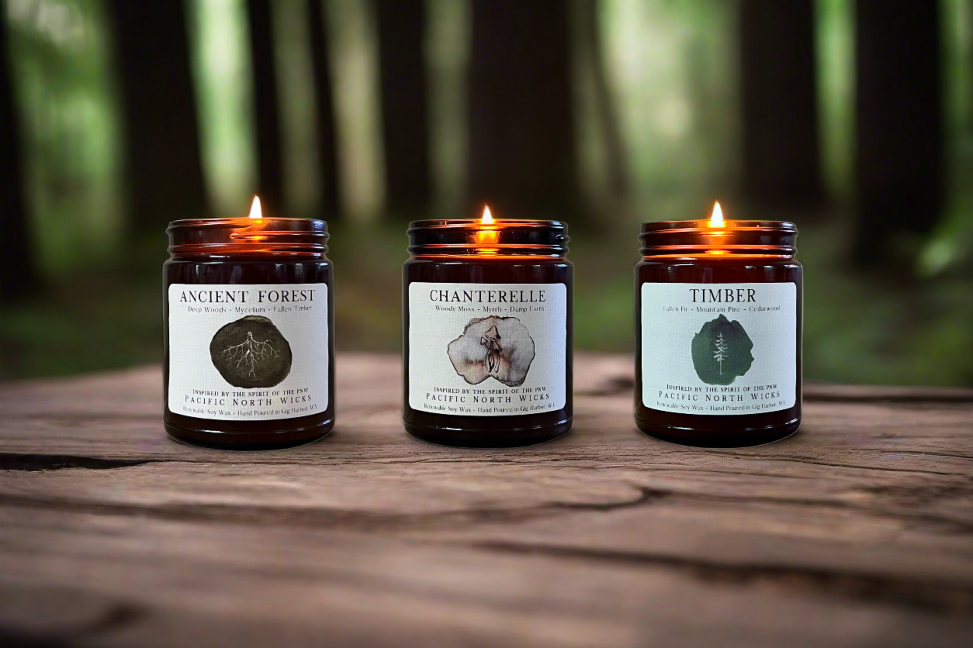 Hand Poured, nontoxic candles inspired by the forests and trees in the PNW.  Handmade from soy wax in elegant amber jars and artistic labels