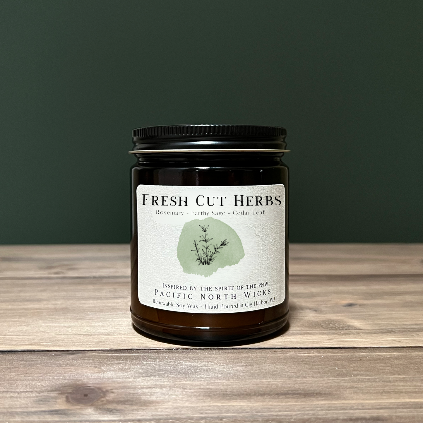 Fresh Cut Herbs Candle in Amber Glass with Black Lid