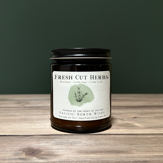 Fresh Cut Herbs Candle in Amber Glass with Black Lid