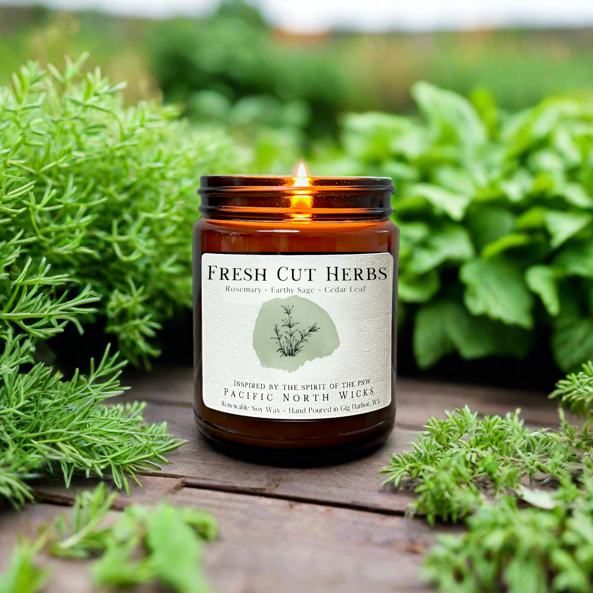Herbal candle lit in an herb garden setting surrounded with fresh green herbs.