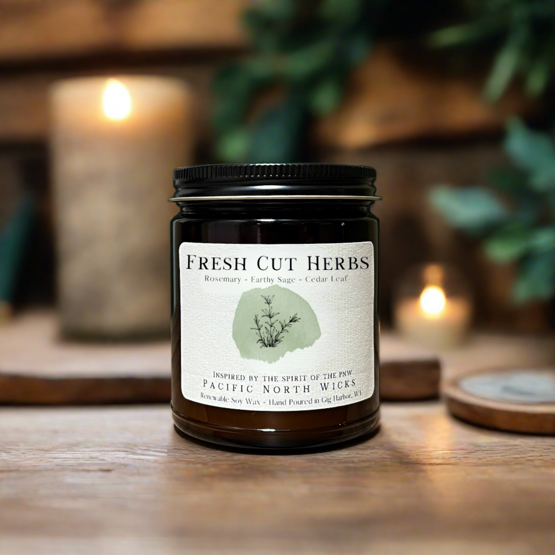 Fresh Cut Herbs candle with scent notes of rosemary, earthy sage, and cedar leaf.