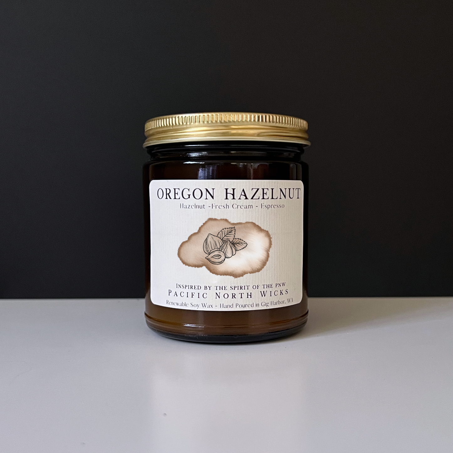 Oregon Hazelnut Candle in Amber Jar with Gold Lid - 8oz