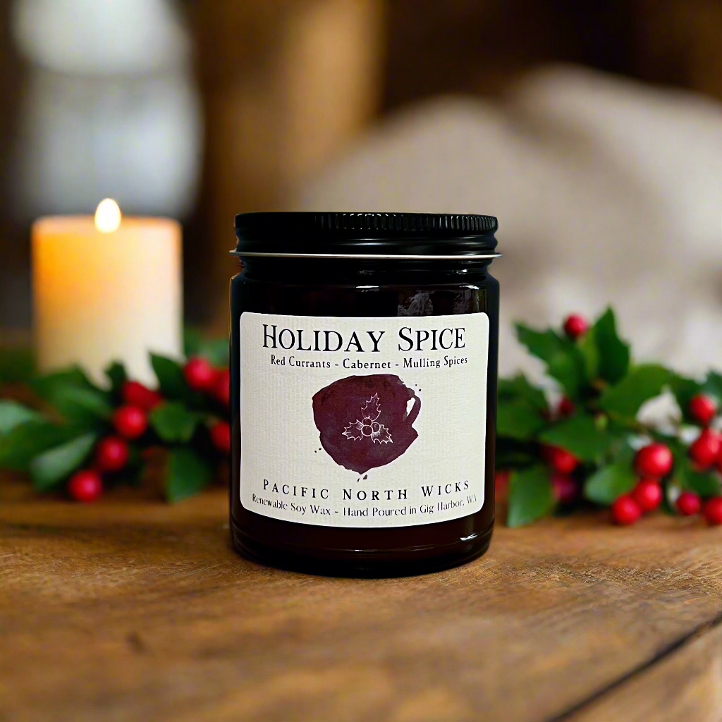 Holiday Spice candle in rustic setting