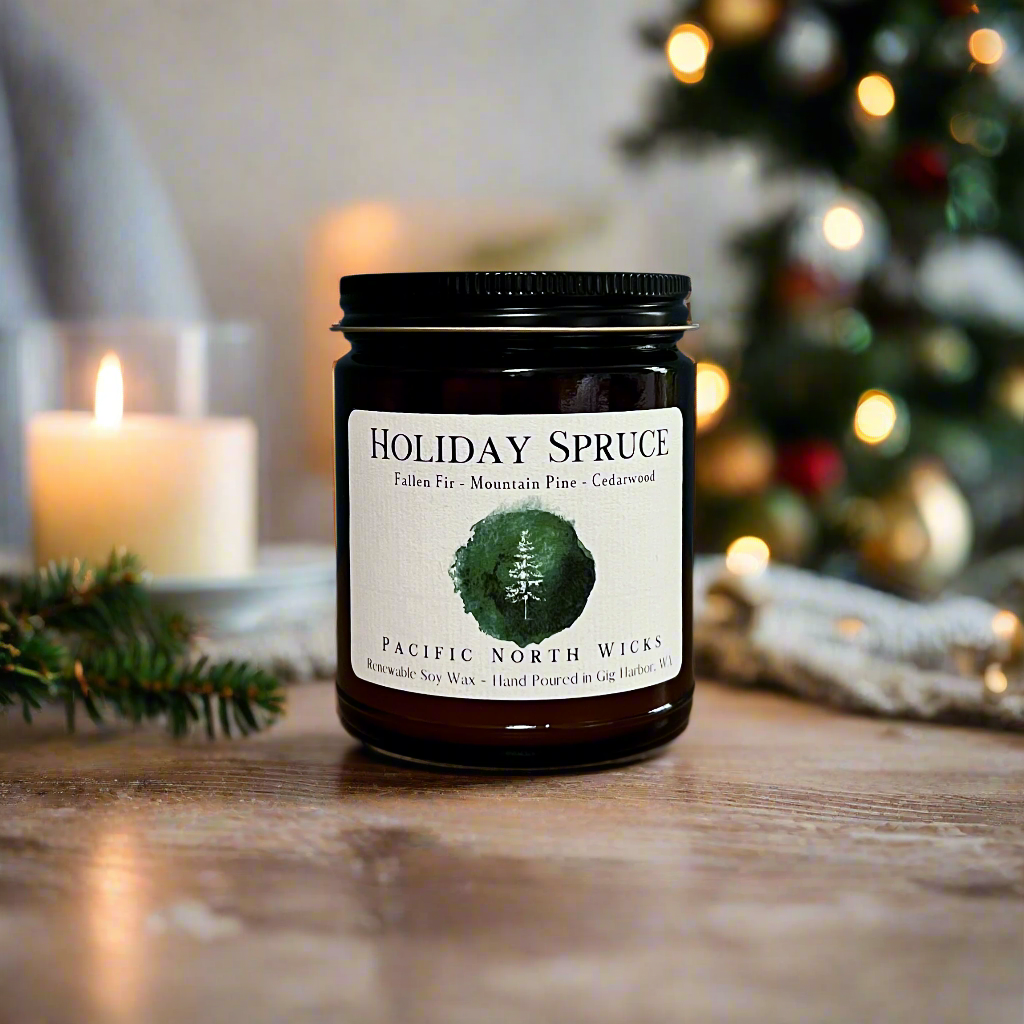 Christmas Tree scented candle with notes of fallen fir, mountain pine, and cedarwood.