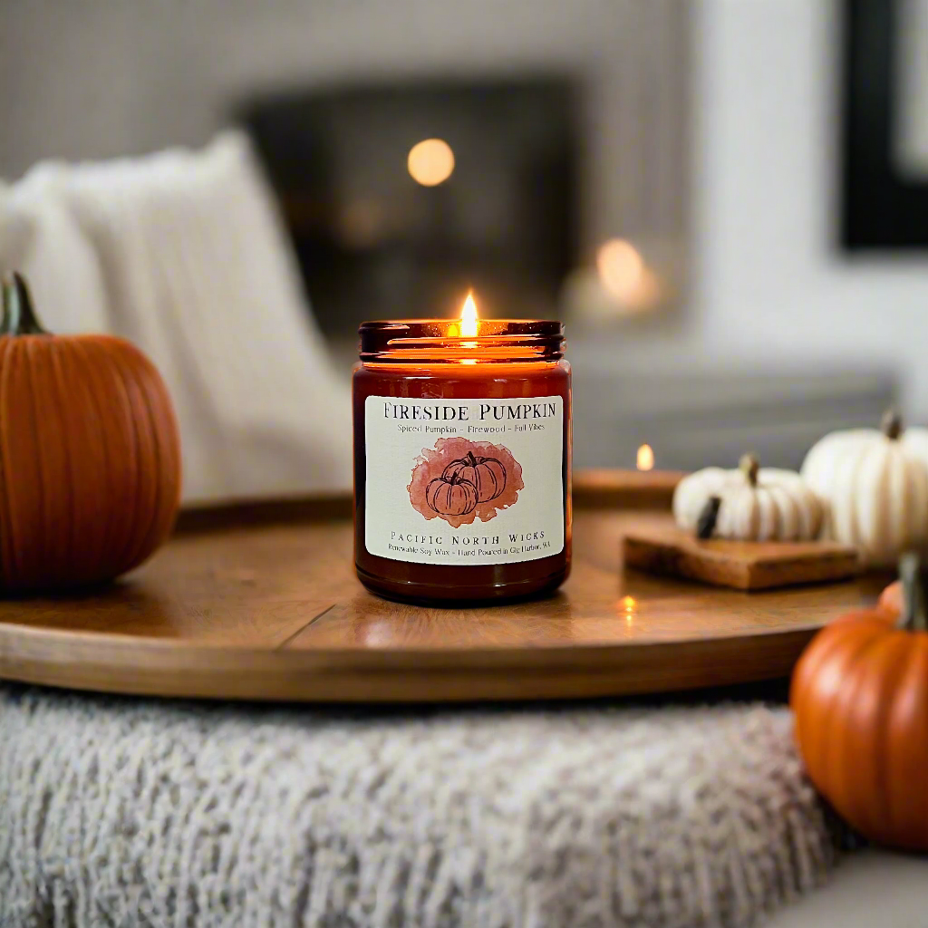 Cozy setting with fall pumpkins and a Fireside Pumpkin candle lit made by Pacific North Wicks.