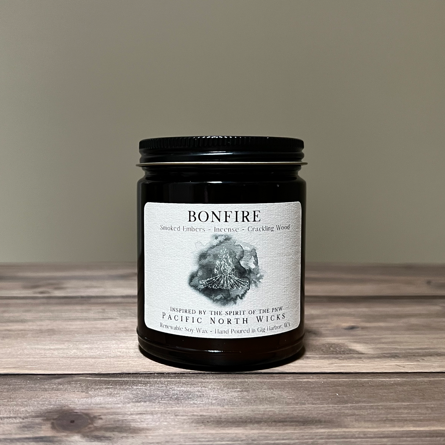 Bonfire Candle with minimalist label in Amber Jar with Black Lid, Handmade in Washington