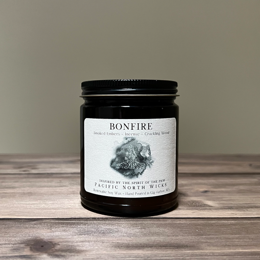 Bonfire Candle with minimalist label in  Amber Jar with Black Lid, Handmade in Washington