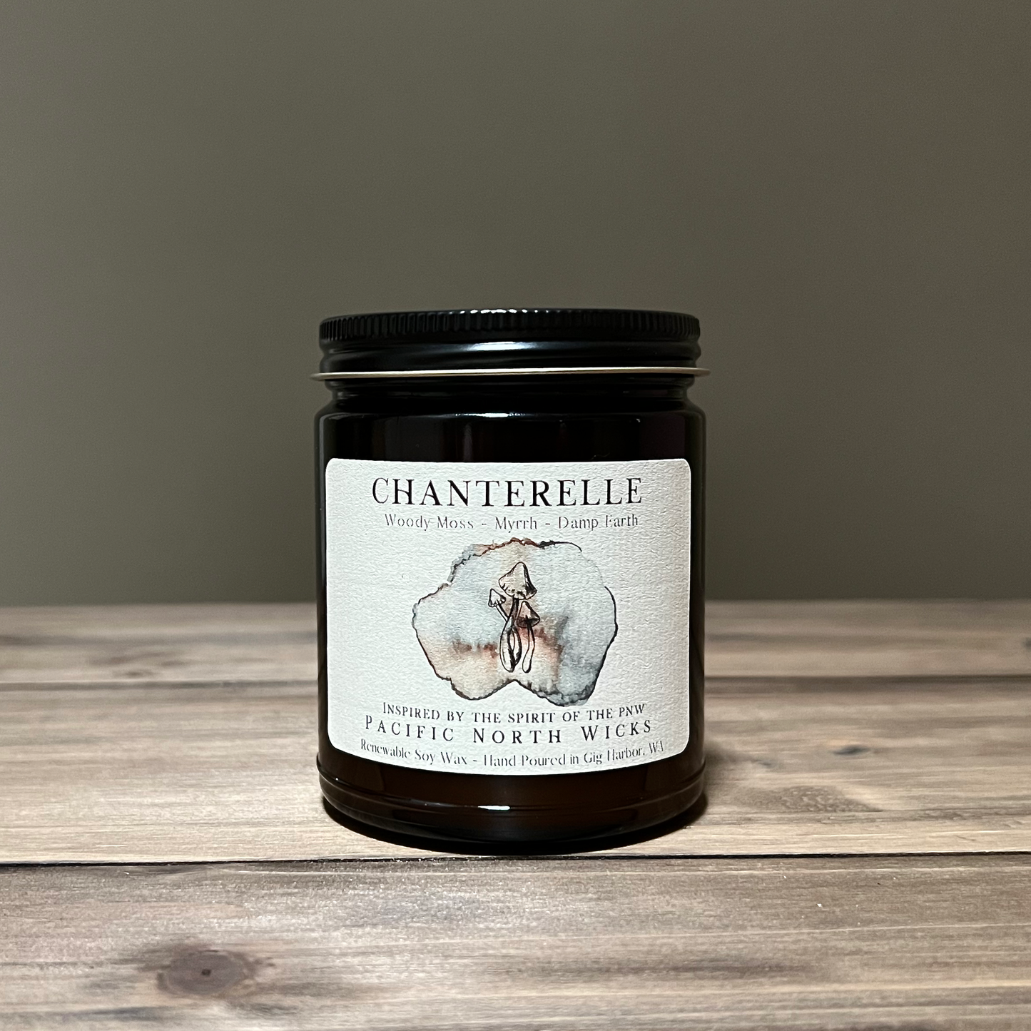 Chanterelle Mushroom Candle with notes of woody moss, myrrh, and damp earth; Handmade with clean burning soy wax, and eco-conscious packaging.