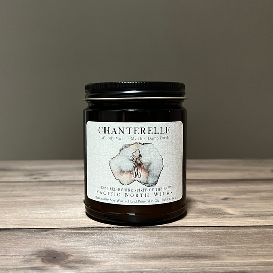 Chanterelle Mushroom Candle with notes of woody moss, myrrh, and damp earth; Handmade with clean burning soy wax, and eco-conscious packaging.