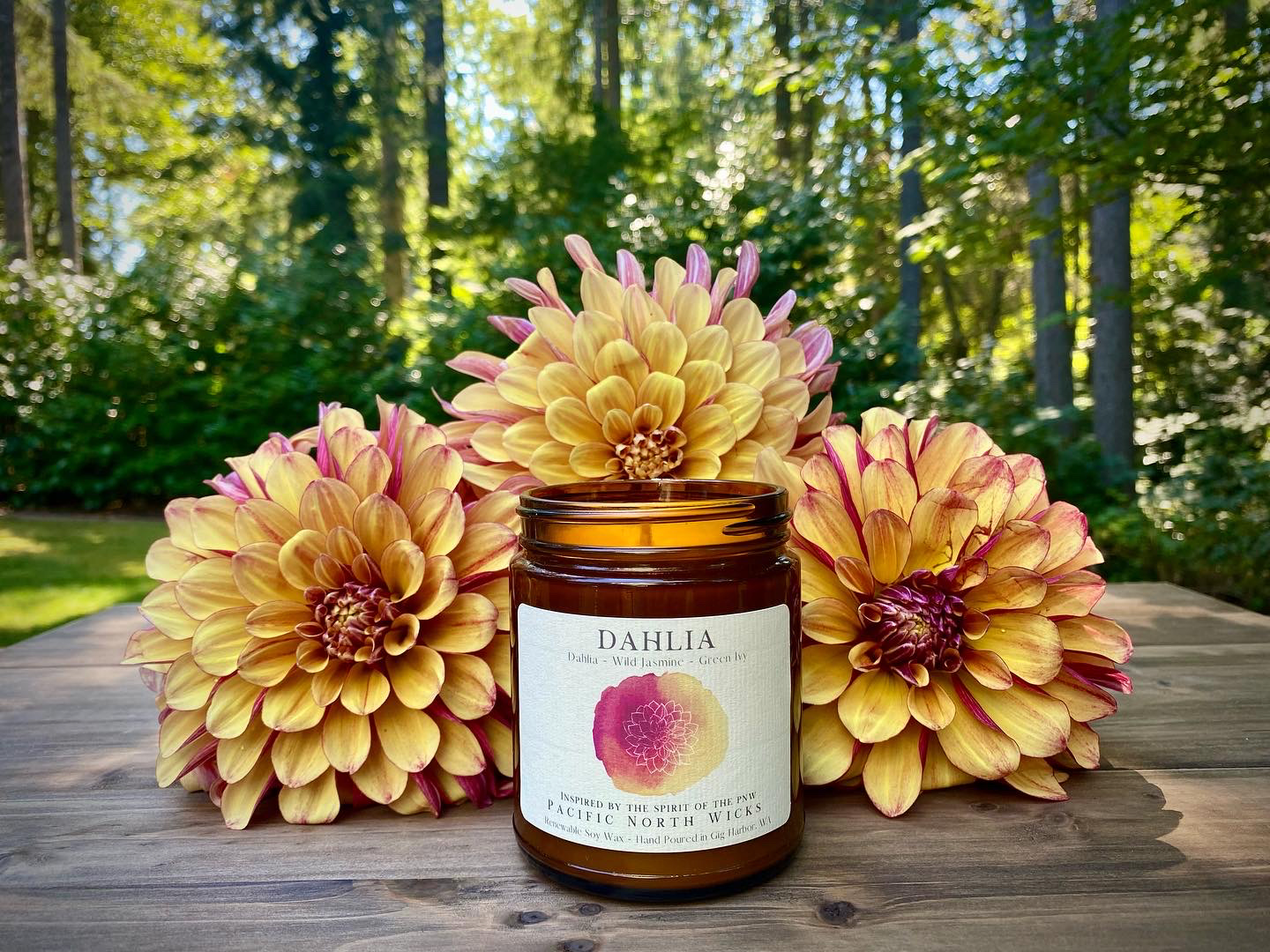 Fresh cut Dahlia Flowers from the PNW surrounding Dahlia Candle in forest setting