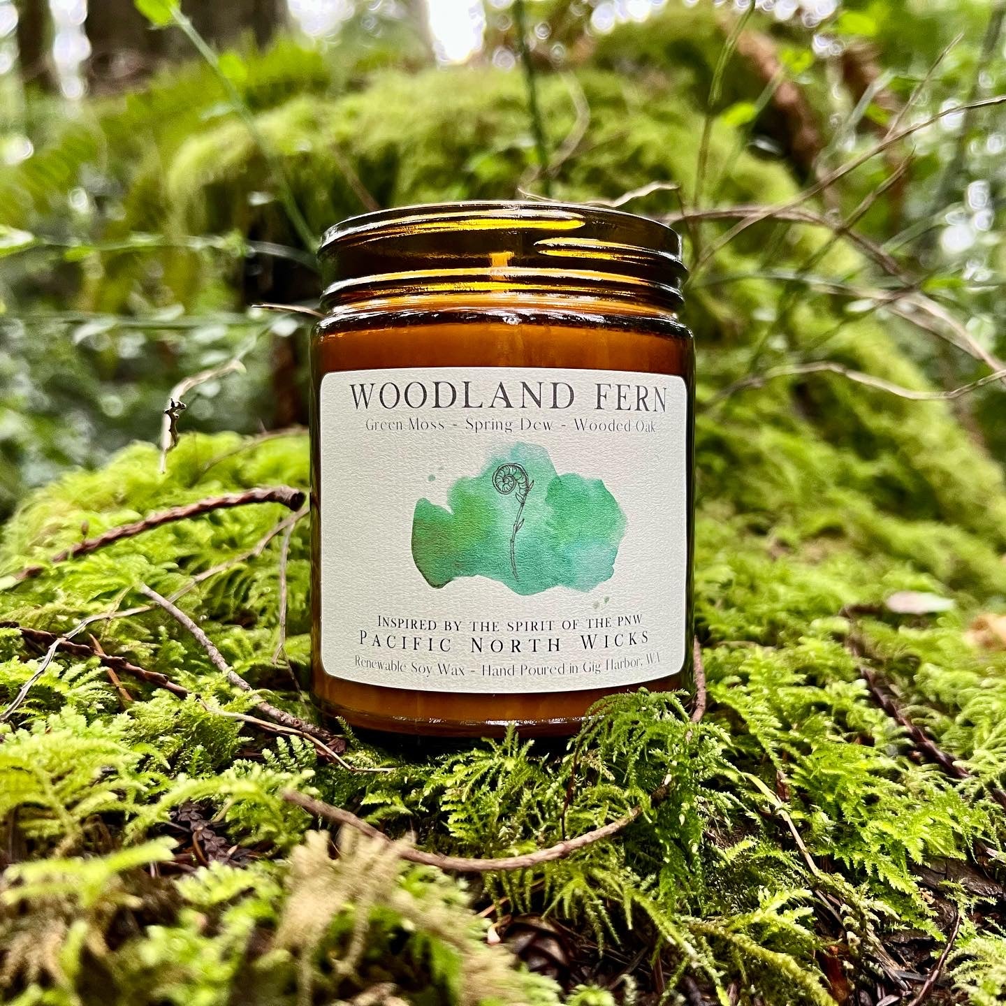 Pacific Northwest Forest Green Moss and Fern Candle