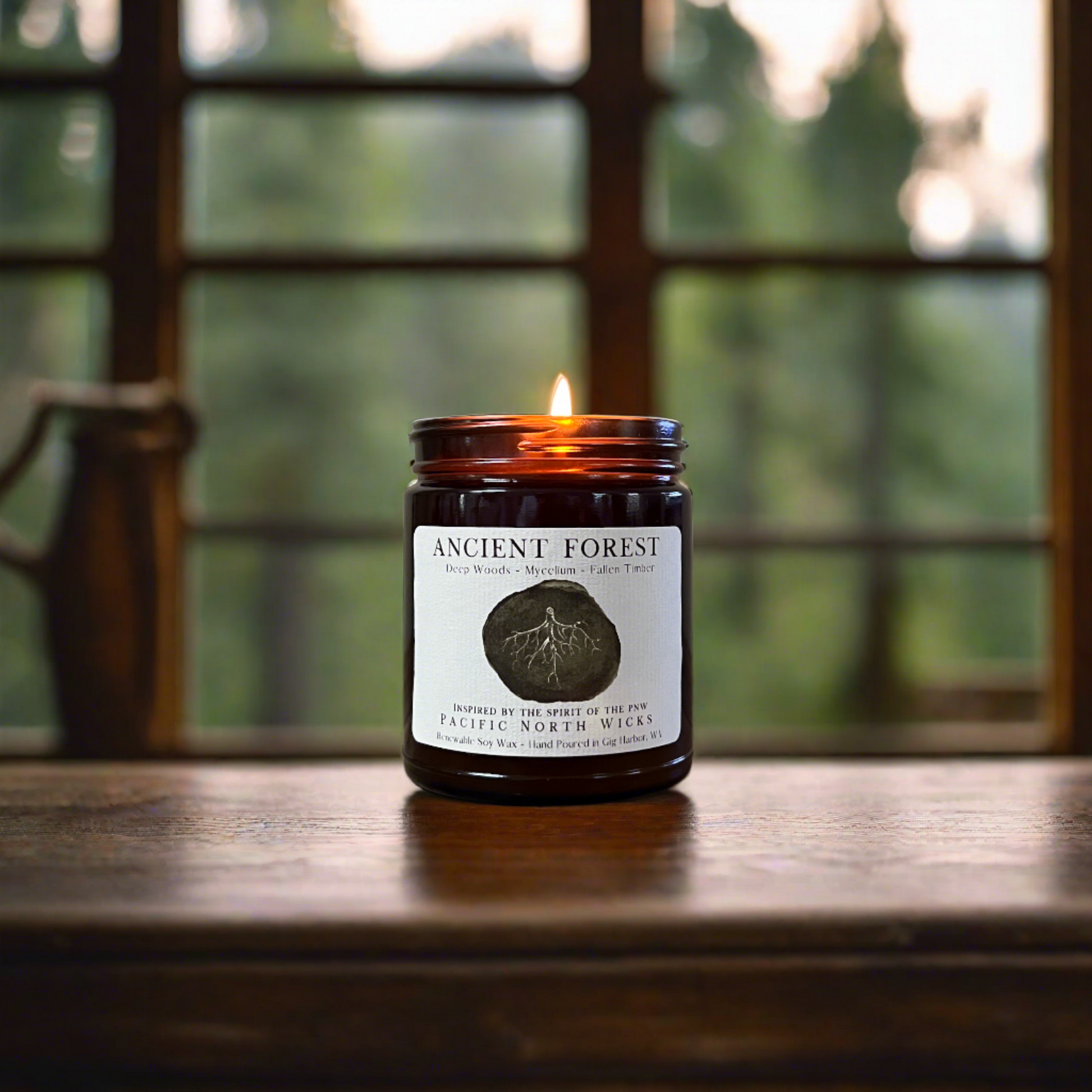 Ancient Forest candle burning in cozy rustic log cabin with evergreen fir trees in the window