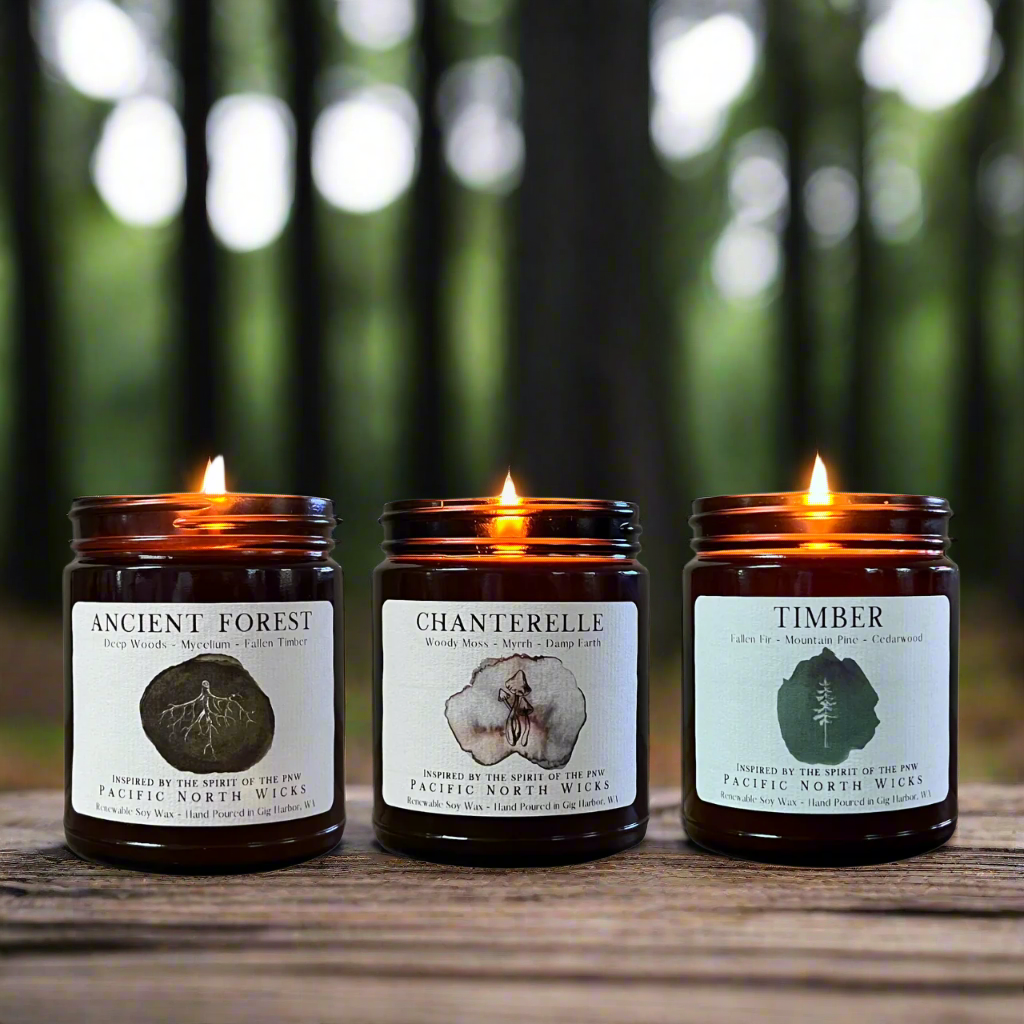 Three PNW inspired soy candles lit in a woodsy forest setting handmade in the Pacific Northwest