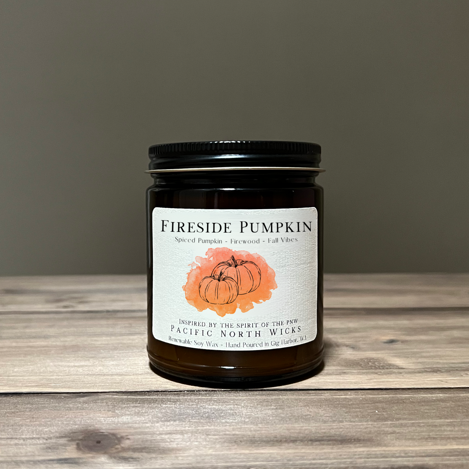 Fireside Pumpkin Candle - Amber Jar with Black Lid