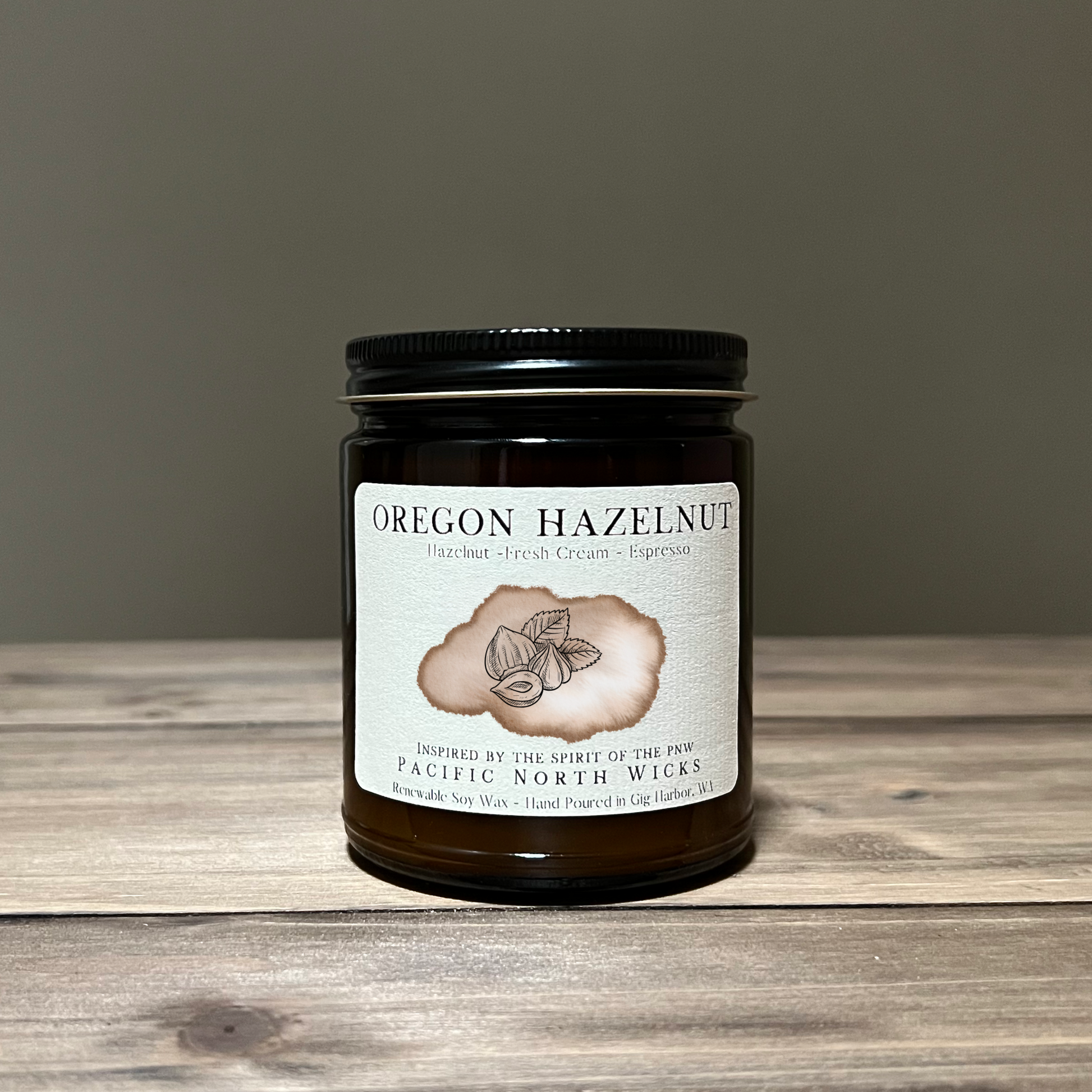 Oregon Hazelnut Candle Amber Jar with Black Lid