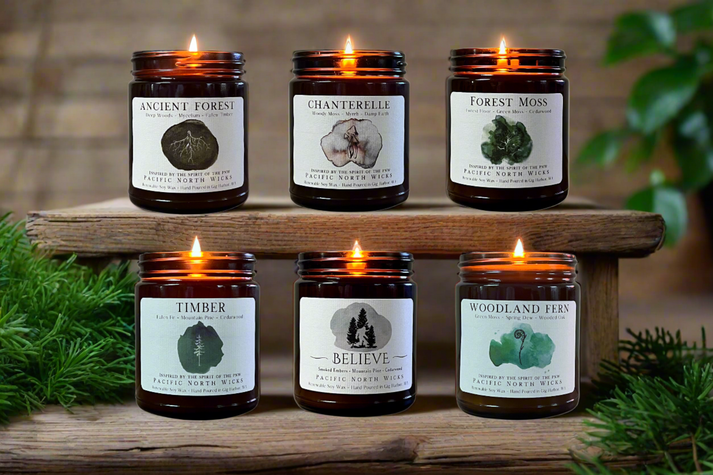 Forest Scented Candles placed on wooden shelf in woodsy cabin setting with greenery and plant decor in background. 