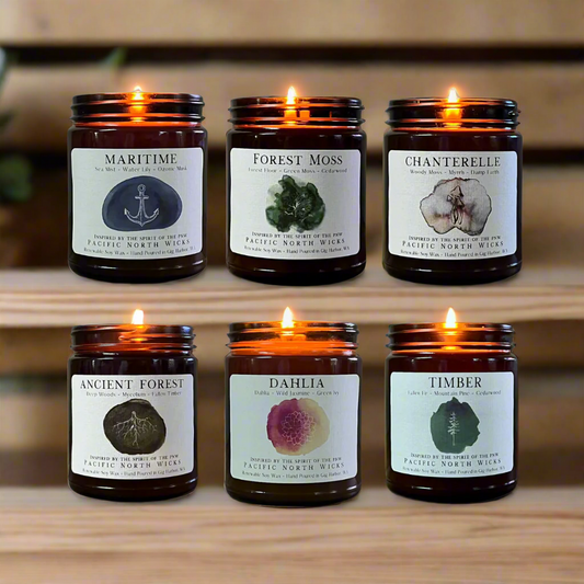 6 Pack of Nature Inspired Candles in beautiful amber glass jars; Handmade in WA.