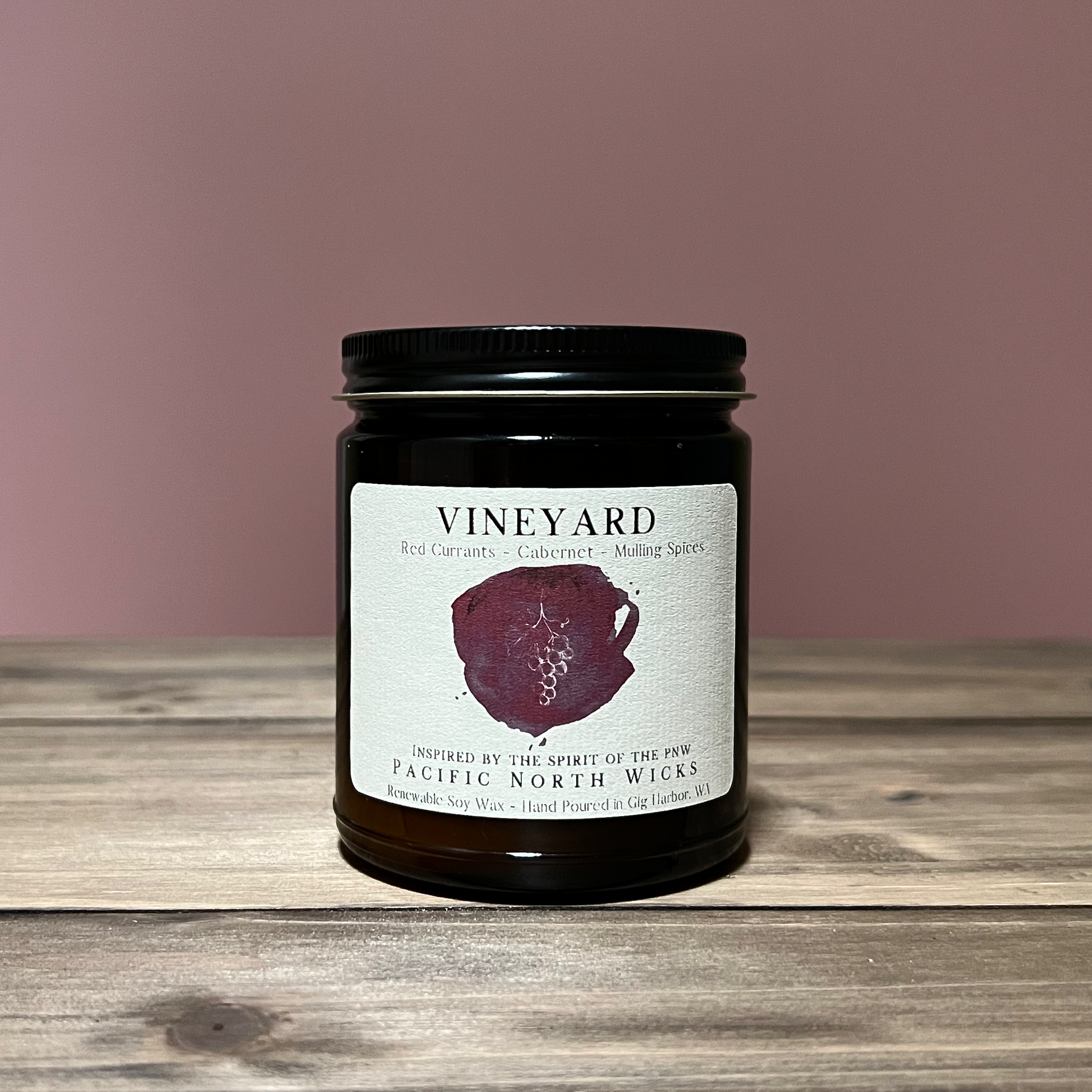 Vineyard Candle - red currants, cabernet, mulling spices - Amber Glass Jar with Black Lid